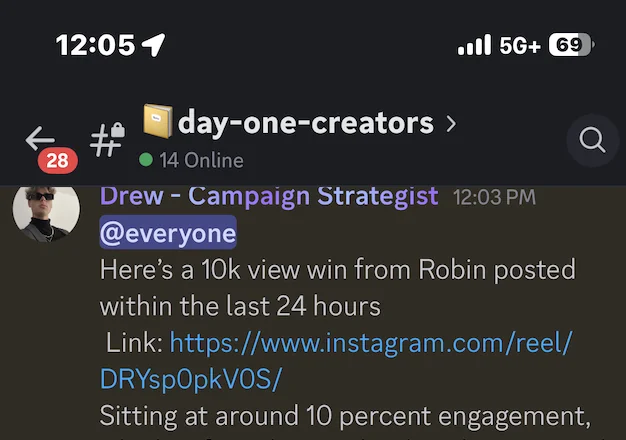 Day One creators channel highlighting a 10K view win from Robin within 24 hours at roughly 10 percent engagement