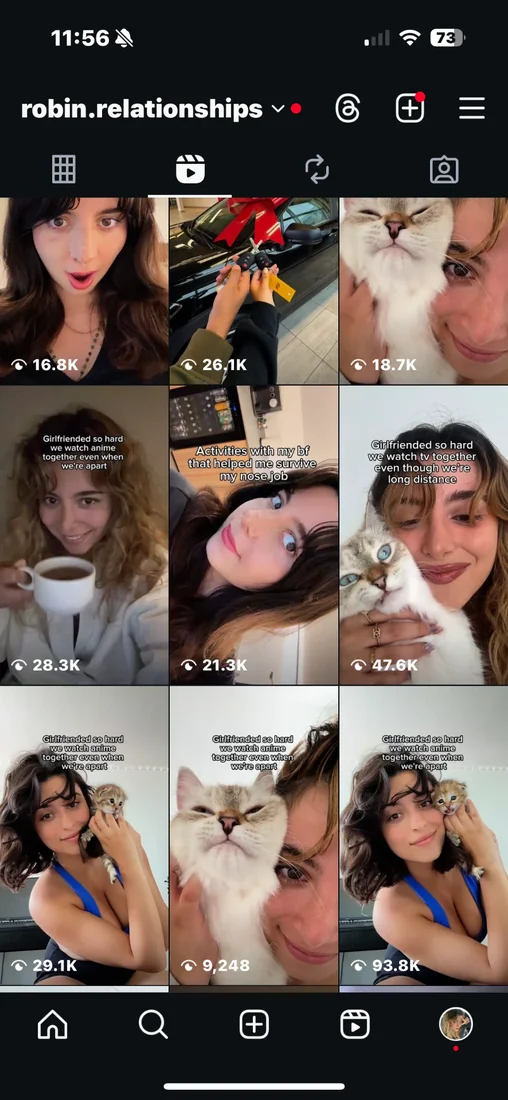 Instagram reels grid with consistent 16K to 93K views per post