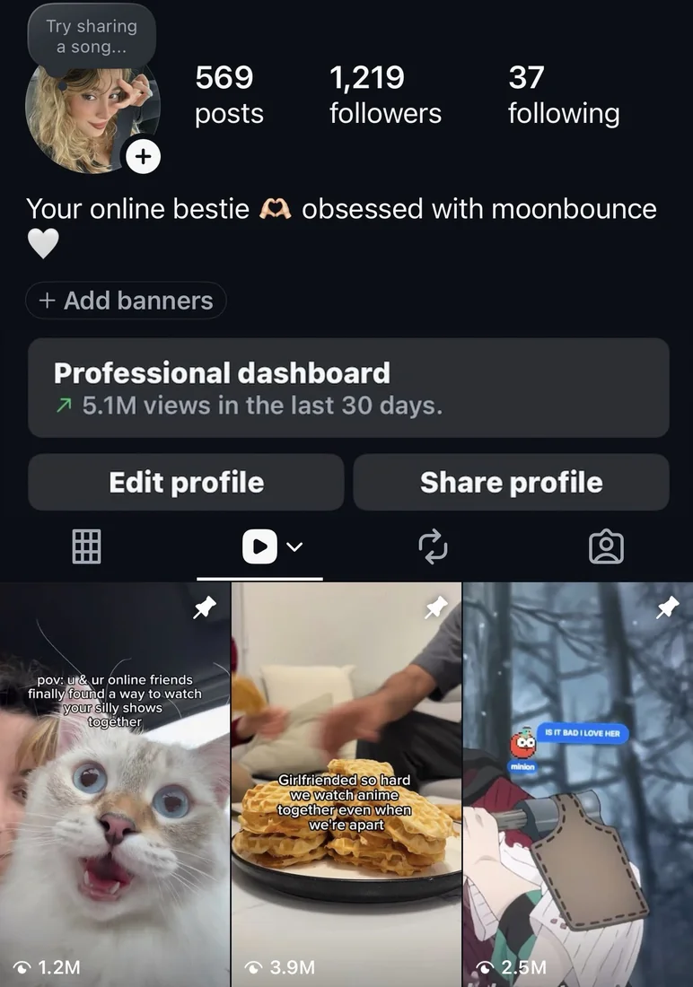 Moonbounce creator account showing 5.1M views in the last 30 days and reels at 1.2M, 3.9M and 2.5M views