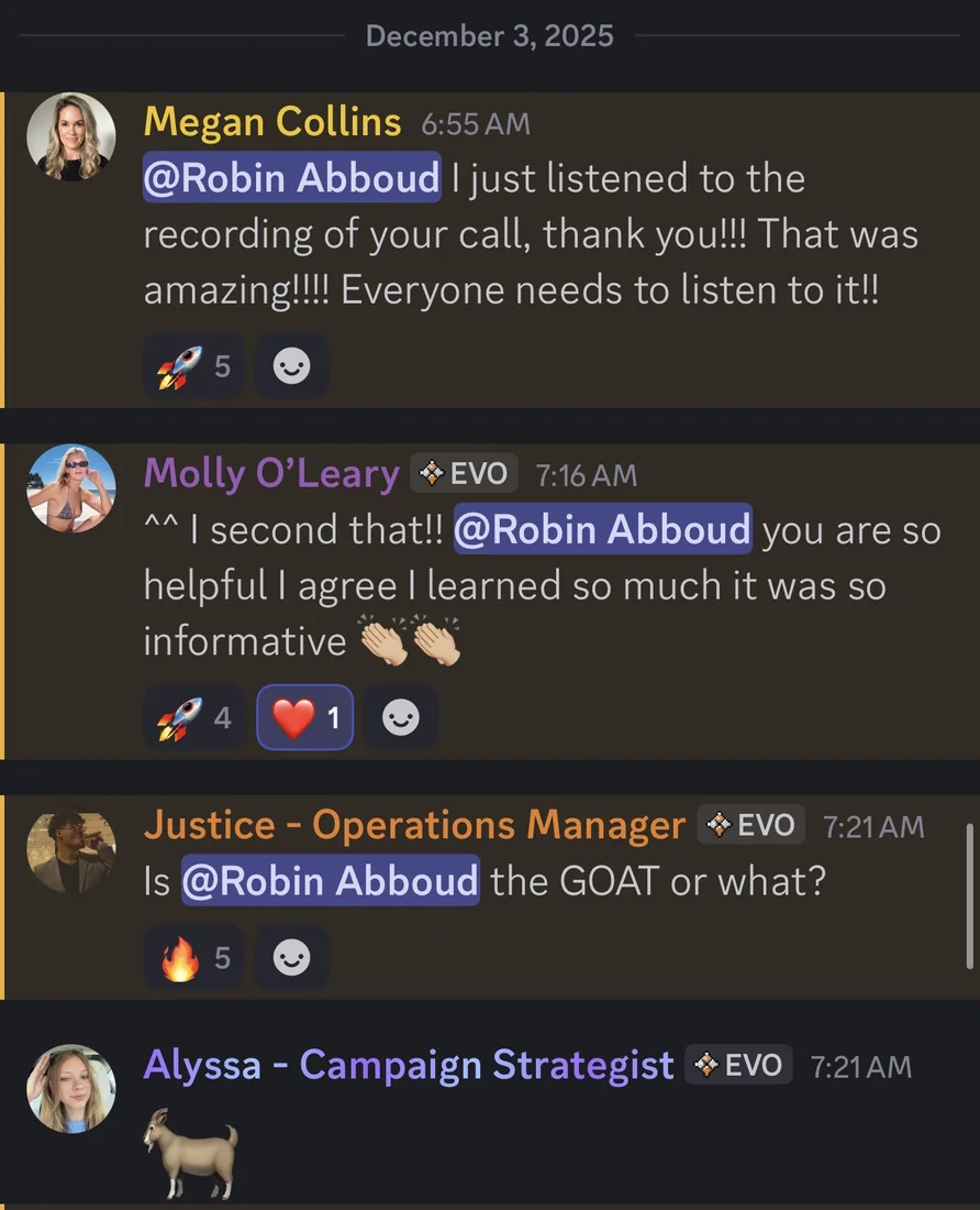 Team messages praising Robin Abboud's workshop call as amazing and informative
