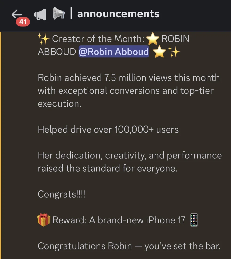 Agency announcement naming Robin Abboud creator of the month for 7.5 million views and users driven